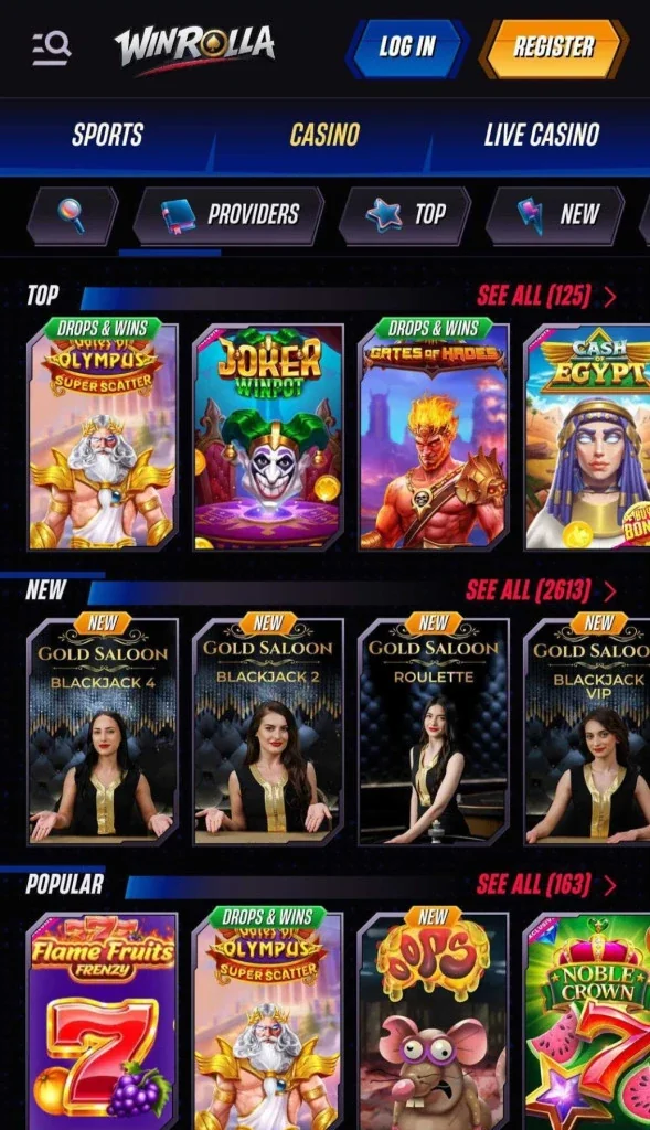 WinRolla Mobile App Ansicht mit Live Roulette und neuen Spielautomaten