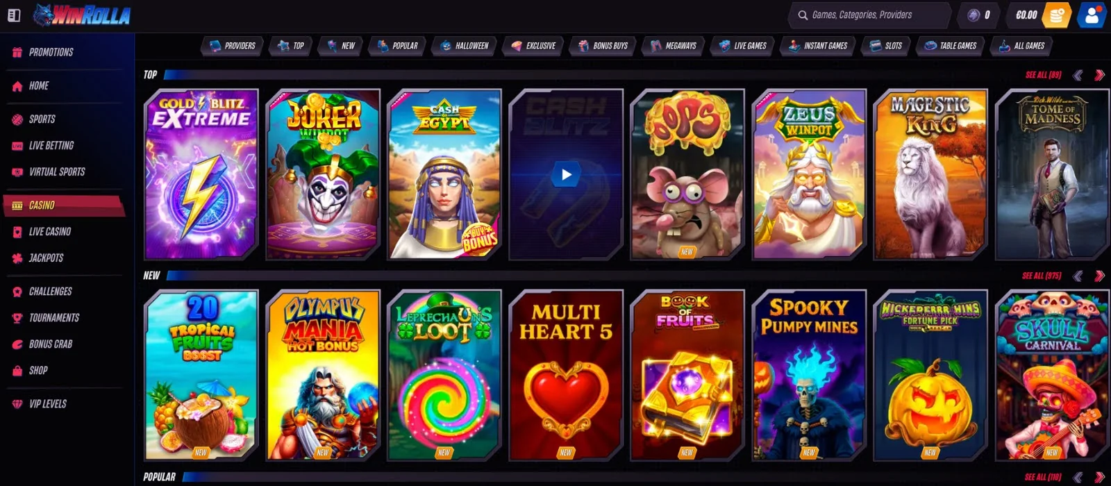 WinRolla Spiele-Lobby mit Kategorien wie Megaways, Bonus Buys und Live Casino
