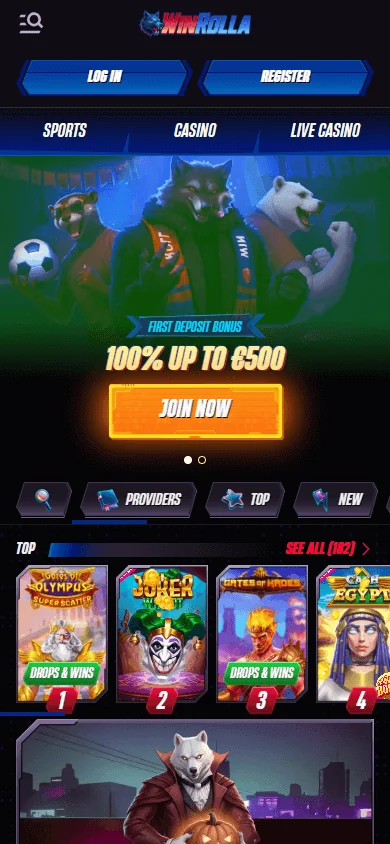 WinRolla Mobile Browseransicht auf dem Smartphone mit Spielkategorien